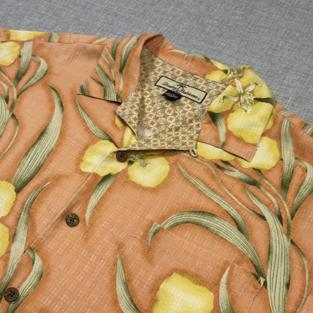 Tommy Bahama Hawaiian Loop Collar Camp Silk Shirt Mens M Orange Aloha Floral
